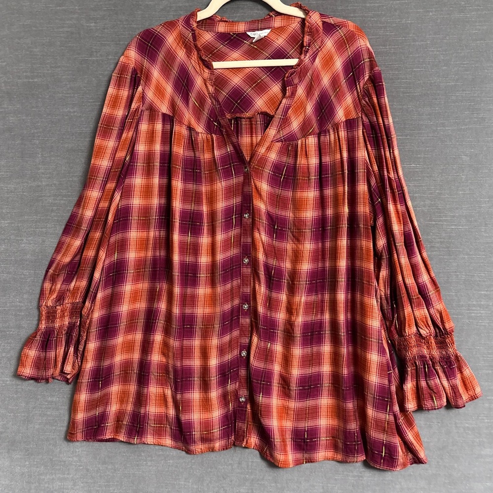 Cato Top 26/28W Red Orange Gold Plaid Button Boho Fall Ruffle Casual Tunic
